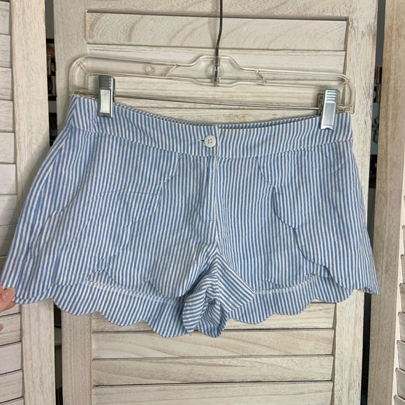 Red Camel Light Blue and White Candy Stripe Scalloped Hem Soft Dressy Shorts 1 - Picture 4 of 8